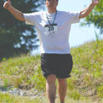 YES, Iâ€™VE CONQUERED THE HILL! â€” Robert Dawe reacts in triumph as he reaches the Pleasant Mountain midstation area during his descent. (Rivet Photo)