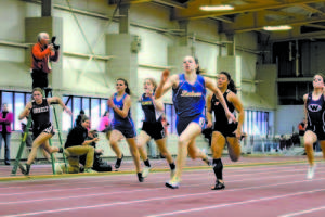 PULLING AWAY FROM THE PACK â€” Lake Region sophomore Kate Hall won the 55-meter dash with a personal best 7.17 seconds at Monday's Class B State Indoor Track & Field Championships held at Bates College in Lewiston. (Rivet Photo)