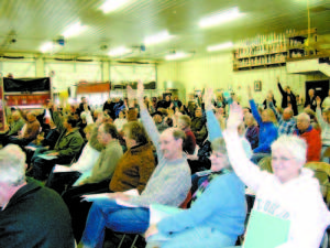 THE HANDS GO UP at Waterfordâ€™s Town Meeting Saturday in favor of a resolution opposing tar sands.