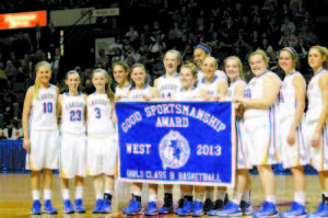 GOOD SPORTS â€” For the third time in four years, Lake Region earned the Class B West Good Sportsmanship Award, as voted by their peers. Pictured, left to right, Kari Eldridge, Spencer True, CeCe Hancock, Lucy Fowler, Sydney Hancock, Savannah Devoe, Sarah Hancock, Tiana-Jo Carter, Kayleigh Lepage, Miranda Chadbourne, Meghan VanLoan, Kate Cutting and Kelsey Winslow.