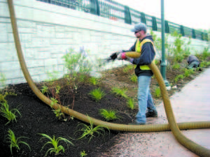 MULCHING â€” An employee from Sabra Property Care uses a pneumatic blower to disperse mulch on the north side of the Bay of Naples Bridge in May. (De Busk Photo)