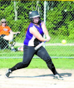 CONNECTING â€” Panther catcher Allison Morse connects on a pitch during weekend softball at the Whitten Memorial Tournament in South Portland. (Photo by Colleen Simpson)