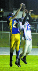 SOARING HIGHER THAN A FALCON â€” Lake Region sophomore receiver Nick Wandishin catches a touchdown pass over Mountain Valley defender Nick Newman in the right corner of the end zone Friday night. (Rivet Photo)