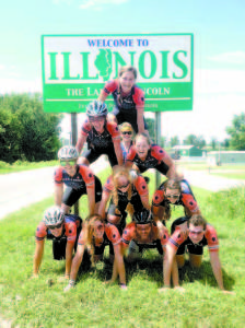 Taken at the Illinois border and our first time zone change. A wonderful Bike and Build pyramid! 