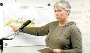 PARKING DISPARITY â€” Julie Whelchel led an appeal at Tuesdayâ€™s Bridgton Selectmen meeting to increase parking availability in the Main Hill neighborhood. She used a map to show the dearth of parking on the Main Hill section of Main Street, when compared to points closer to Pondicherry Square.