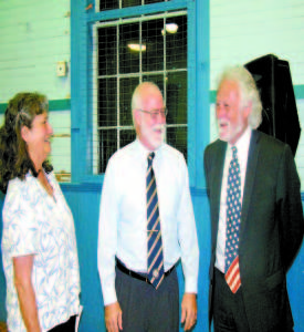 NEW TOWN MANAGER â€” Robert Peabody (right)  was introduced as Bridgtonâ€™s new Town Manager at the June 11 Town Meeting, pending agreement of both parties on the terms of his contract. Peabody is pictured here with Kathy and Paul Hoyt.