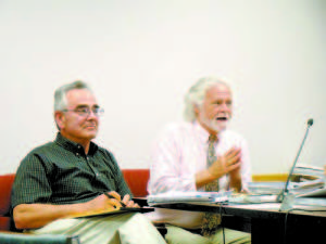 CHANGING OF THE GUARD â€” Former Town Manager Mitch Berkowitz sat in on Tuesdayâ€™s Bridgton Selectmen meeting as new Town Manager Bob Peabody presided over his first selectmenâ€™s meeting in Bridgton. 