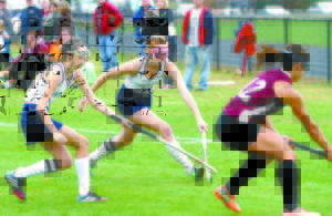 DEFENDERS ON THE MOVE â€” Part of Fryeburg Academy's success this fall has been the play of a veteran defensive unit including Mary Shea (left) and Shelby Hesselin seen here in a prelim game against Greely. (Rivet Photo)
