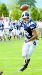 DEEP BALL CAUGHT by Fryeburg Academy receiver Nick L'Heureux-Carland as the play clock neared zero, but a Gray-NG defender dislodged the ball. (Rivet Photo)