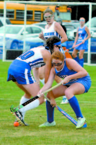 Paige Davis battling for the ball at Kennebunk. LR lost in OT, 1-0. "Two pretty even teams, this time we fell short," Coach Webb said.