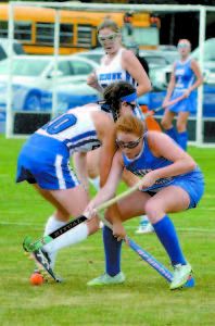 Paige Davis battling for the ball at Kennebunk. LR lost in OT, 1-0. "Two pretty even teams, this time we fell short," Coach Webb said. 