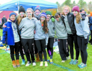 STATE BOUND â€” The Fryeburg Academy girlsâ€™ cross-country team earned a spot in the Class B State Meet this Saturday in Cumberland. Pictured are (left to right) Ella Forbes, Zoe Maguire, Emily Carty, Olivia Thomson, Anna Lastra, Costanza Santarelli, Irina Norkin, Emily Grzyb and Emily McDermith. 