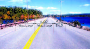  HALF A LOAF BETTER THAN NONE â€” As seen facing south toward Bridgton, this Photoshopped image of the Moose Pond Causeway shows a brown powder-coated guardrail on the Sabatis Island side, instead of the granite stones. But on the right, the â€œred granite guardiansâ€ have been preserved overlooking Moose Pond and Pleasant Mountain. The lettering depicts the plan to shift the centerline in order to create a 10-foot parking lane next to the stones, along with a four-foot shoulder and rumble strip. A five-foot shoulder would be created on the guardrail side.  (MDOT image)