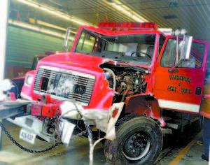 EXTENSIVE DAMAGE to the chassis of Harrisonâ€™s Engine 4 was clearly evident when it was returned to the fire station.   2 AFTER THE ICE SKATE â€” Engine 4 hit several trees after sliding down Harrison Heights Road Sunday following a fire call.  