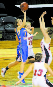 KRISTEN HUNTRESS of Lake Region drives to take a shot. (Photo courtesy of Shannon Avery) GRAY-NEW GLOUCESTER, 53 Scoring: Isabelle Detroy 9, Brianna Jordan 4, Grace Kariotis 4, Ashley Jordan 1, Skye Conley 3, Alicia Dumont 18, Alanna Camerl 14 3-Pointers: B. Jordan 1, Dumont 3 Rebounding (22): Camerl 7, Detroy 5, A. Jordan 4, B. Jordan 2, Conley 2, Kariotis 1, Dumont 1 Assists (7): Conley 3, Detroy 2, B. Jordan 1, Dumont 1 Steals (9): Conley 3, Detroy 2, B. Jordan 2, Kariotis 1, Dumont 1 Free Throws (15-25, 60%): Detroy 3-5, B. Jordan 1-2, Kariotis 4-6, A. Jordan 1-2, Conley 1-4, Dumont 5-6 Field Goals: 17-37, 45.9% 3-Pointers: 4-10, 40% Points in the Paint: 22 Points off Turnovers: 18 Second chance Points: 7 Bench points: 32 Seniors on Squad: Emily Thibeault, Jackie Gillen, Ashley Jordan, Alanna Camerl LAKE REGION, 47 Scoring: Kristen Huntress 14, Melody Millett 2, Chandler True 14, Lauren Jakobs 8, Spencer True 6, Brooke Harriman 3 3-Pointers: Huntress 1, C. True 3, S. True 2 Rebounding (23): Harriman 7, Jakobs 6, Millett 5, S. True 3, C. True 2 Assists (6): C. True 2, S. True 2, Jakobs 1, Harriman 1 Steals (9): Huntress 3, S. True 3, Jakobs 2, Millett 1 Free Throws (15-22, 68.2%): Huntress 5-7, Millett 2-6, C. True 3-3, Jakobs 2-2, Harriman 3-4 Field Goals: 13-40, 32.5% 3-Pointers: 6-17, 35.3% Points in the Paint: 12 Points off Turnovers: 11 Second chance Points: 6 Bench points: 3 Score tied: 5 times Lead changes: 6 times Seniors on Squad: Spencer True, Kaytlyn Terry 