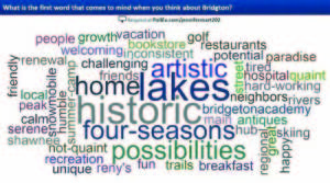 WHATâ€™S THE FIRST WORD that comes to mind when you think of Bridgton? Here are some of the answers given at last weekâ€™s Streetscape Design kickoff meeting, with larger type indicating multiple responses. Planners say feedback from residents will be critical to the success of the design, and have set a number of ways for the public to give their input. 