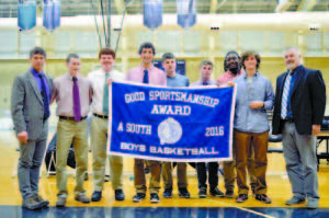 GOOD SPORTS â€” The Maine Principalsâ€™ Association awarded the Fryeburg Academy varsity boysâ€™ basketball team with a Sportsmanship Banner this winter. Showing off the banner were (left to right) Head Coach Sedge Saunders, players Scott Parker, Joe LeBrun, Nick Lâ€™Heureux-Carland, Tucker Buzzell, Oscar Saunders, Cobey Johnson, Ben Darling and Assistant Coach Charlie Tryder. (Photo by Lakyn Osgood)