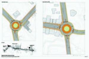 IN A ROUNDABOUT WAY â€” Traffic circles are envisioned for the intersections at Main Hill, shown at left, and Pondicherry Square, in the draft streetscape design for Bridgtonâ€™s Main Street prepared by Ironwood Design Group.